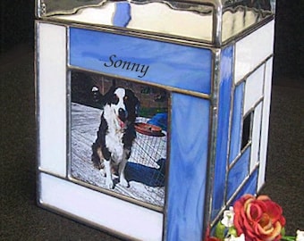 Pet Cremation Urn #12 Large with Photo window in Stained Glass in the Quilters style