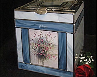 Niche Human Cremation Urn  #221H-N with a  Beveled Top and a Photo window in stained glass
