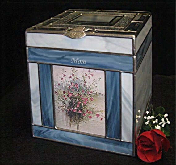 Niche Human Cremation Urn #221H-N With A Beveled Top & Photo Window in Stained Glass