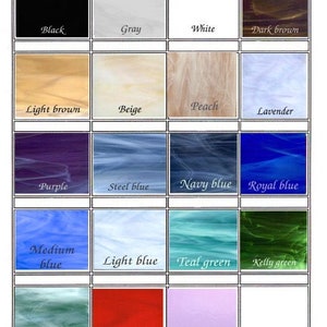 May include: A chart showing 18 different glass color choices for 2022. The colors are arranged in a grid of six rows and three columns. The colors include black, gray, white, dark brown, light brown, beige, peach, lavender, purple, steel blue, navy blue, royal blue, medium blue, light blue, teal green, kelly green, sage green, red, and pink.