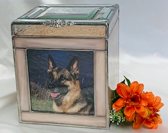 Made and ready to go in Peach Large #2B beveled lid Dog Cremation Photo Urn