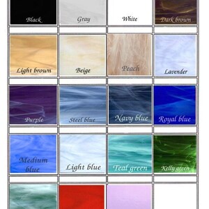 May include: A chart showing 16 different glass colors, labeled with their names: Black, Gray, White, Dark brown, Light brown, Beige, Peach, Lavender, Purple, Steel blue, Navy blue, Royal blue, Medium blue, Light blue, Teal green, Kelly green, Sage green, Red, and Pink. The text "2022 Color Choices" is at the top of the chart. The text "Glass colors can vary slightly do to the manufacturing process" is at the bottom of the chart.