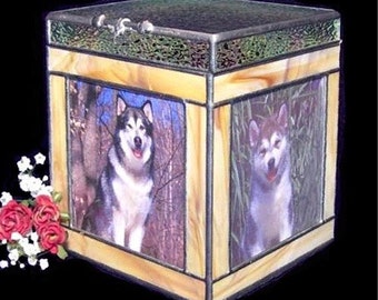 Custom Pet Urn - Medium #2C - 3 Photos Cremation Urn in Stained Glass, Dog or Cat