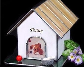 Large #5B  Doghouse Cremation Photo Urn in Stained Glass