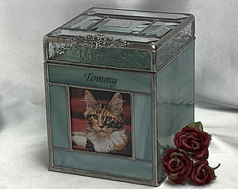 Pet Urn Small  #2B beveled lid Cat, Dog, Bunny or Ferret Cremation Photo Urn in stained glass