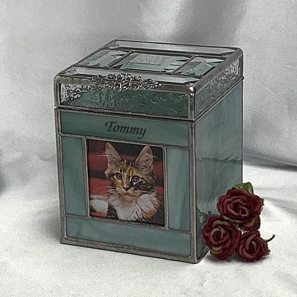 Pet Urn Small  #2B beveled lid Cat, Dog, Bunny or Ferret Cremation Photo Urn in stained glass