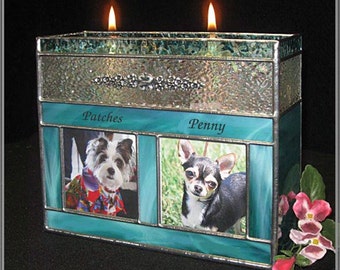 For 2 pets, Small #6B Companion Candle Pet Urn with two photo windows in Stained Glass