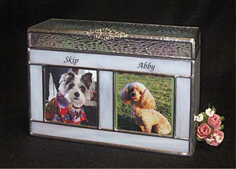 for two pets Small #6A Companion Pet Cremation Urn 2 photo windows in Stained Glass Pet Urn
