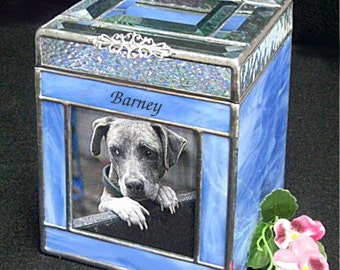 Pet Urn Medium #2B beveled lid Dog Cremation Photo Urn in stained glass