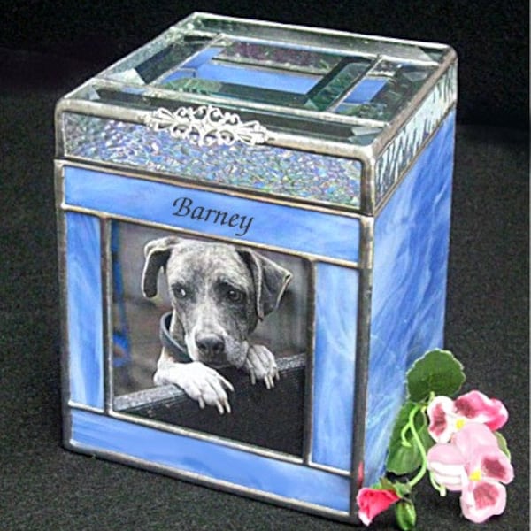 Pet Urn Medium #2B beveled lid Dog Cremation Photo Urn in stained glass