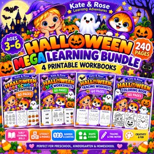Może przedstawiać: Zestaw edukacyjny na Halloween zawierający cztery zeszyty ćwiczeń do druku o łącznej liczbie 240 stron. Okładka przedstawia dziewczynkę w kapeluszu czarownicy, ducha i kota oraz tekst Kate & Rose Learning Adventures i Halloween Mega Learning Bundle.