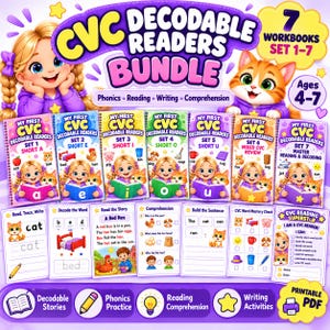 May include: A CVC Decodable Readers Bundle featuring 7 workbooks for ages 4-7. The set includes phonics, reading, writing, and comprehension activities with illustrations of a girl and a cat. The bundle is provided as a printable PDF.