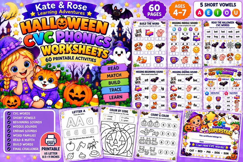 Halloween CVC Phonics Worksheets | 60 Printable Activities (digital ...