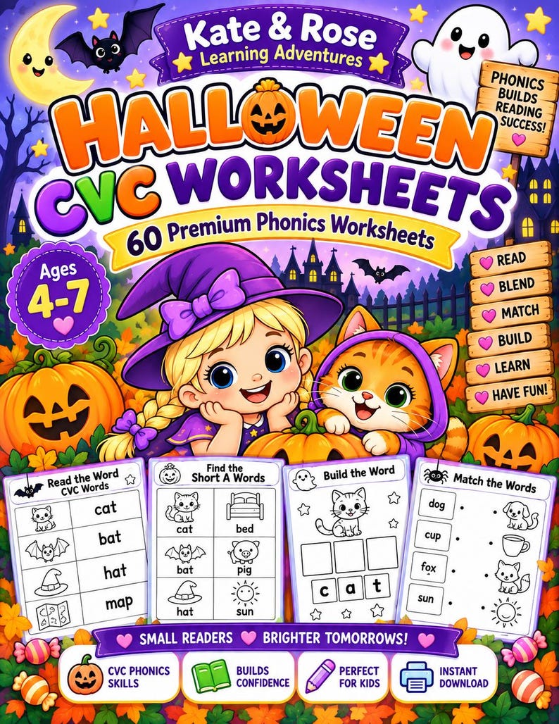 Halloween CVC Phonics Worksheets | 60 Printable Activities (digital ...