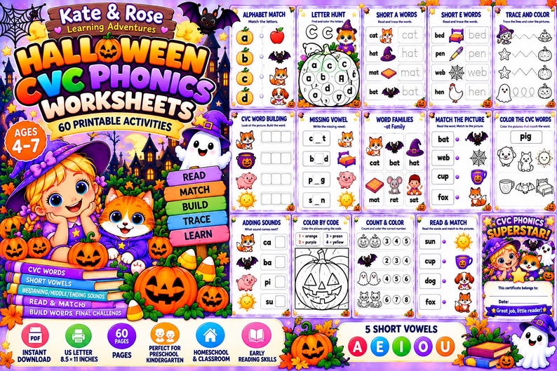 Halloween CVC Phonics Worksheets | 60 Printable Activities (digital ...