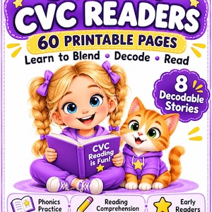Puede incluir: Un recurso educativo digital titulado Short A CVC Readers con 60 páginas imprimibles, 8 historias decodificables y práctica de fonética para edades de 4 a 7 años. La portada muestra a un niño y un gato leyendo un libro morado CVC Reading is Fun.
