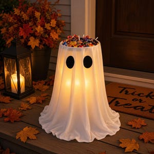 May include: A white fabric ghost-shaped candy bowl featuring two black circular eyes. The interior is illuminated with a warm glow, and the top is filled with a variety of colorful wrapped candies. The structure is draped in a soft, flowing white cloth.
