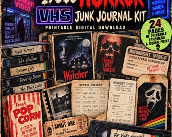 May include: A 1980s horror VHS junk journal kit digital download featuring printable ephemera, journal pieces, and 24 pages. Includes images of VHS tapes, movie posters, a popcorn box, rental history cards, and a video rental membership card.