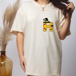 Letter H Halloween Shirt, Spooky Initial Witch Hat Tee, Cute Spider Bat Tshirt