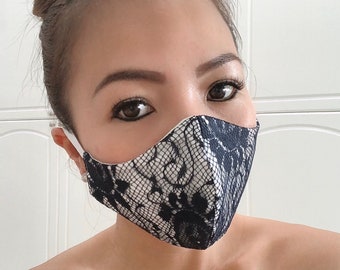 Face Mask Reversible Cotton Blend Adult & Teenage - Navy Lace