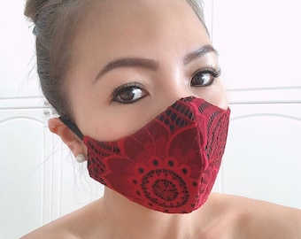 NEW Face Mask Reversible Cotton Blend Adult & Teenage - Red Wine Lace