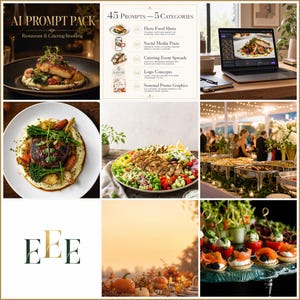May include: A digital product titled AI Prompt Pack Restaurant & Catering Branding featuring 45 prompts across 5 categories. The image displays various food photography examples, including plated meals, a laptop screen, and event catering setups.