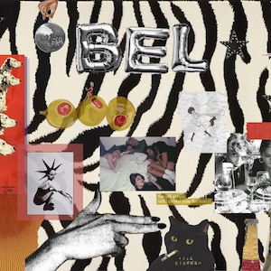 May include: A collage featuring a zebra-print background with silver balloon letters spelling BEL, images of dalmatians, olives, a black cat, champagne bottles, and black and white photographs of people, stars, and a hand gesture on a sunburst pattern.