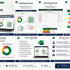 Puede incluir: Una plantilla de Microsoft Excel para la evaluación del desempeño de proveedores, con panel de control, sistema de puntuación y herramientas de clasificación. Siete secciones detallan métricas, datos de proveedores y cálculos automáticos.