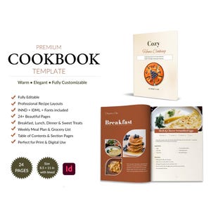 Puede incluir: Una plantilla de libro de cocina premium con un diseño de 24 páginas en tamaño de 8.5 x 11 pulgadas. El diseño incluye una portada titulada Cozy Home Cooking y una página abierta que muestra un capítulo de desayuno con recetas y fotos.