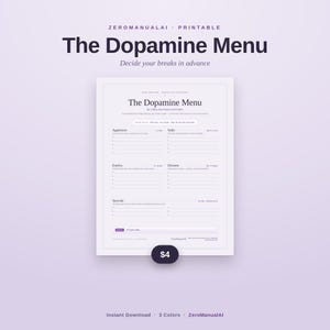以下が含まれることがあります： タスクを整理するために設計された「The Dopamine Menu」というタイトルの印刷可能なドキュメント。Appetizers、Sides、Entrées、Desserts、Specialsのセクションがあり、書き込み用の線が引かれています。明るい背景に暗い文字のすっきりとしたレイアウトです。