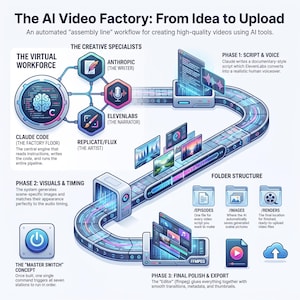 May include: An infographic titled The AI Video Factory: From Idea to Upload, illustrating an automated assembly line workflow. It features a central conveyor belt connecting phases for script, voice, visuals, and final export, with icons for Claude, ElevenLabs, and Replicate/Flux.