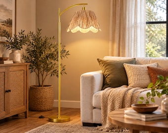 Boho Rattan Arc Floor Lamp, Gold Standing Lamp for Living Room and Bedroom