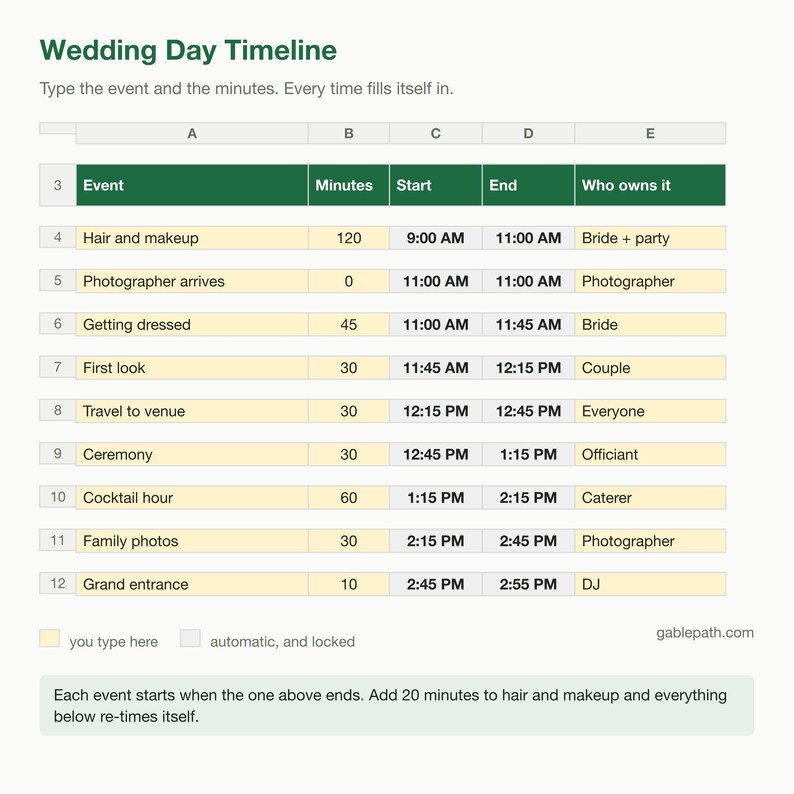 Wedding Day Timeline Spreadsheet, Excel and Google Sheets, Run of Show Vendor Planner