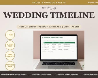 Wedding Day Timeline Sheet, Wedding Run of Show, Vendor Arrival Schedule Ceremony Drift Tracker, Excel Google Sheets Template