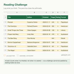 Reading Challenge Tracker Spreadsheet, Excel and Google Sheets, Yearly Book Goal Pace