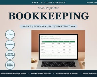 Small Business Bookkeeping and Tax Spreadsheet, Sole Proprietor Income Expense Tracker, Profit and Loss, Excel Google Sheets Template
