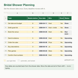 Bridal Shower Planning Checklist, Excel and Google Sheets, Guest List Budget Tracker