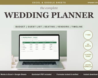 Wedding Spreadsheet Planner, Wedding Budget Tracker Guest List Seating Chart Vendor Timeline Checklist, Excel Google Sheets Template