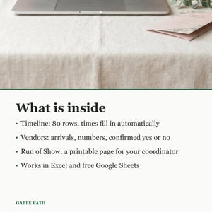 Wedding Day Timeline Spreadsheet, Excel and Google Sheets, Run of Show Vendor Planner