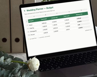 Bundel met spreadsheets voor de bruiloftsplanner, budgetvriendelijke gastenlijst, zitplanning en tijdschema, Excel en Google Sheets