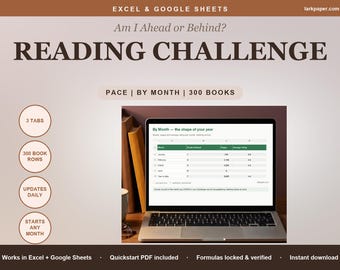 Reading Tracker Spreadsheet, Reading Challenge Yearly Book Goal Pace, Ahead or Behind Book Log by Month, Excel Google Sheets Template