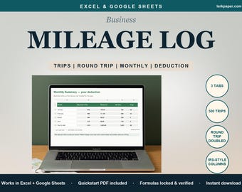 Mileage Tracker Tax Deduction Spreadsheet, Mileage Log Book Business Driving Log, Monthly Deduction Summary, Excel Google Sheets