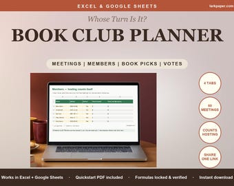 Book Club Planner Spreadsheet, Book Club Meeting Schedule, Host Rotation Member Tracker Book Picks Voting, Excel Google Sheets