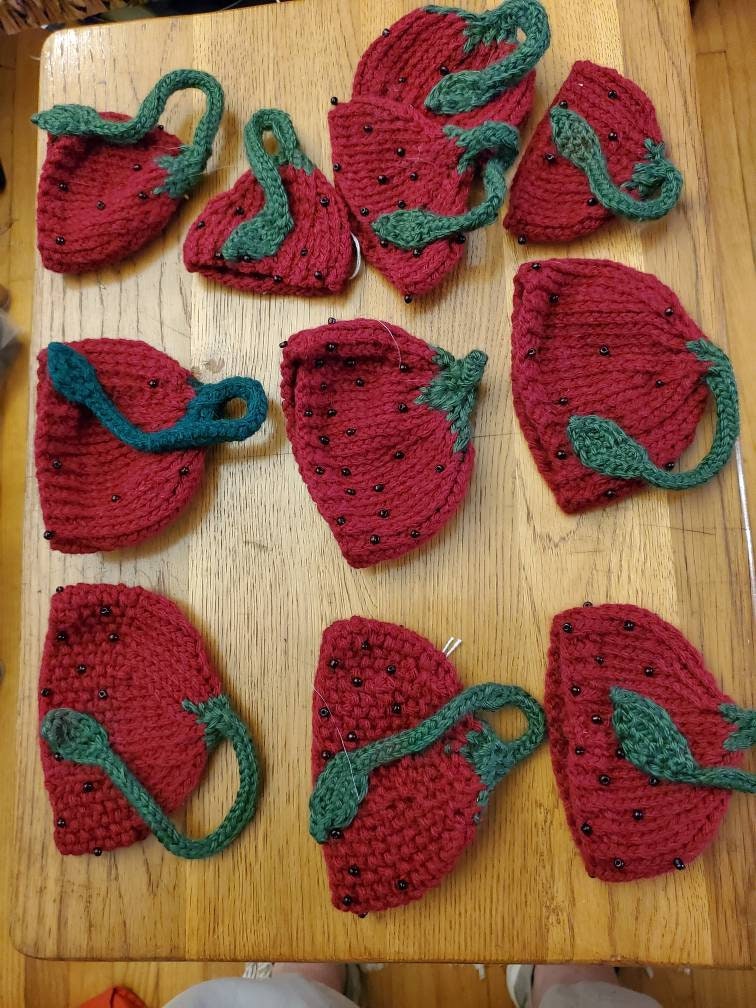 Strawberry Hats in four sizes hand-knit for bears and dolls bear clothes