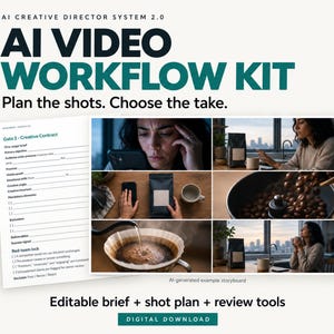 AI-arbetsflödeskit för kommersiella ändamål | Kreativ briefing, bildlista, granskningssystem (digital nedladdning)