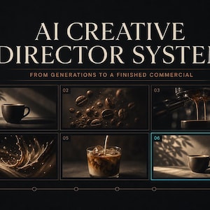 May include: A digital interface titled AI CREATIVE DIRECTOR SYSTEM FROM GENERATIONS TO A FINISHED COMMERCIAL. It displays six numbered panels showing coffee-related imagery, including coffee beans, espresso extraction, and cups of coffee.