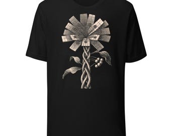 May include: A black short-sleeve t-shirt featuring a central graphic illustration of a stylized flower with a braided stem. The flower head is composed of rectangular grid-patterned petals, and the stem is flanked by leaves and small berries.