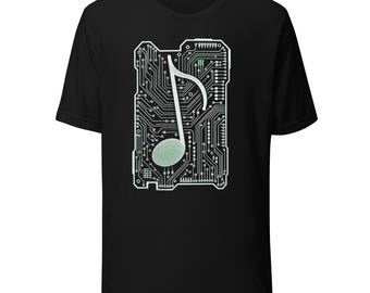 May include: A black short-sleeve t-shirt featuring a central graphic design of a light green musical note superimposed over a detailed white circuit board pattern. The circuit board design is rectangular with rounded corners and intricate lines.