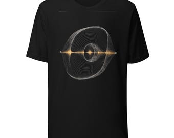 May include: A black short-sleeved t-shirt featuring a central graphic design of concentric white lines forming an oval shape, intersected by a horizontal golden light beam that glows brightly at the center and at both outer edges of the pattern.