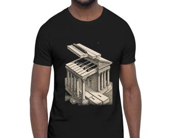 May include: A black short-sleeved t-shirt featuring a graphic print of a classical architectural structure with columns and a pediment, where the roof is partially lifted to reveal piano keys integrated into the building's design.